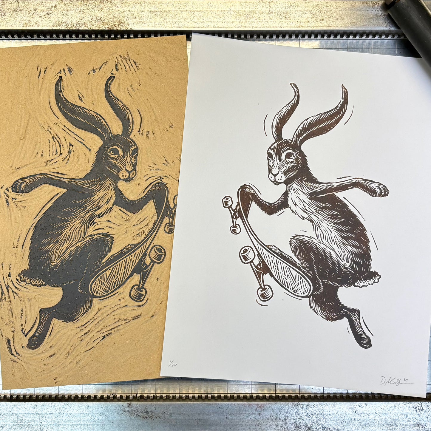 Skateboarding Rabbit Woodcut Print