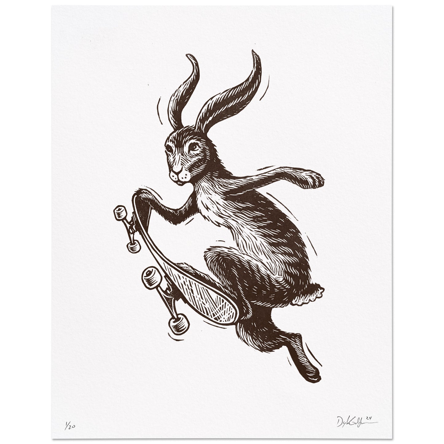 Skateboarding Rabbit Woodcut Print