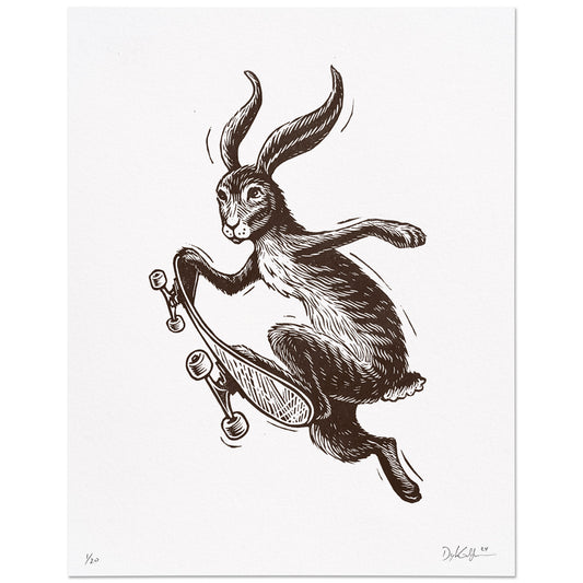 Skateboarding Rabbit Woodcut Print
