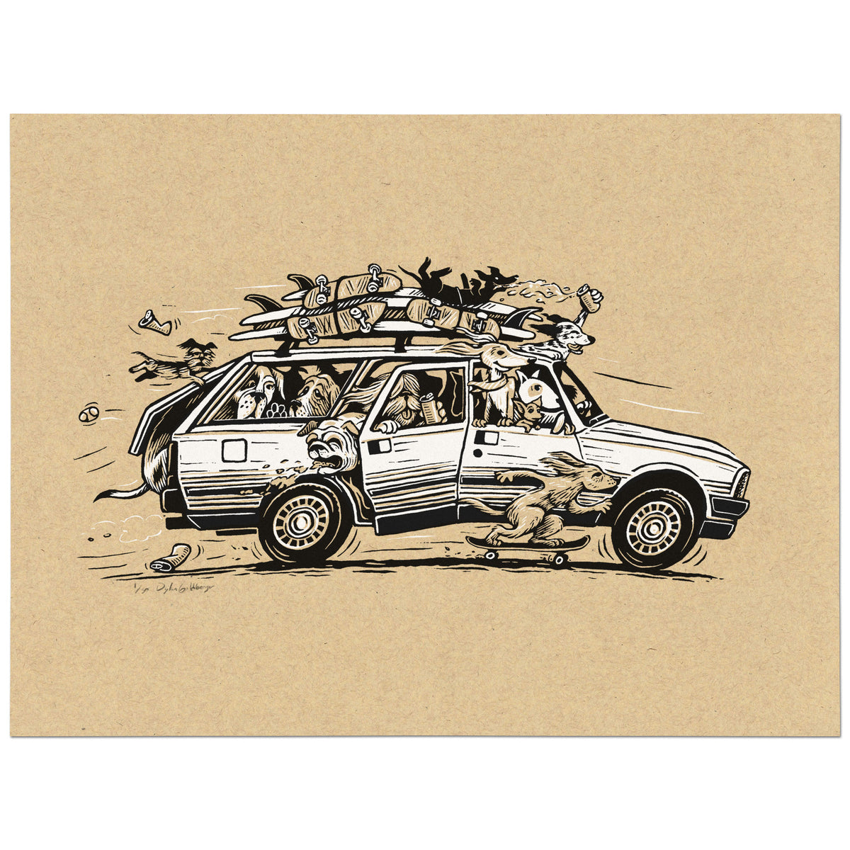 Beach Bound Hounds screen print of a station wagon packed with dogs and surfboards