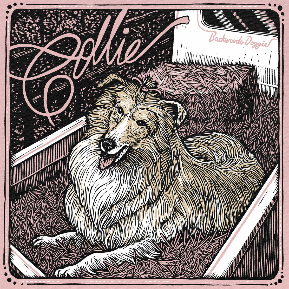 T-shirt with a collie illustration and decorative script lettering