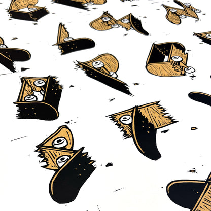 Screen print with scattered black and tan skateboard-inspired letterforms and deck details.