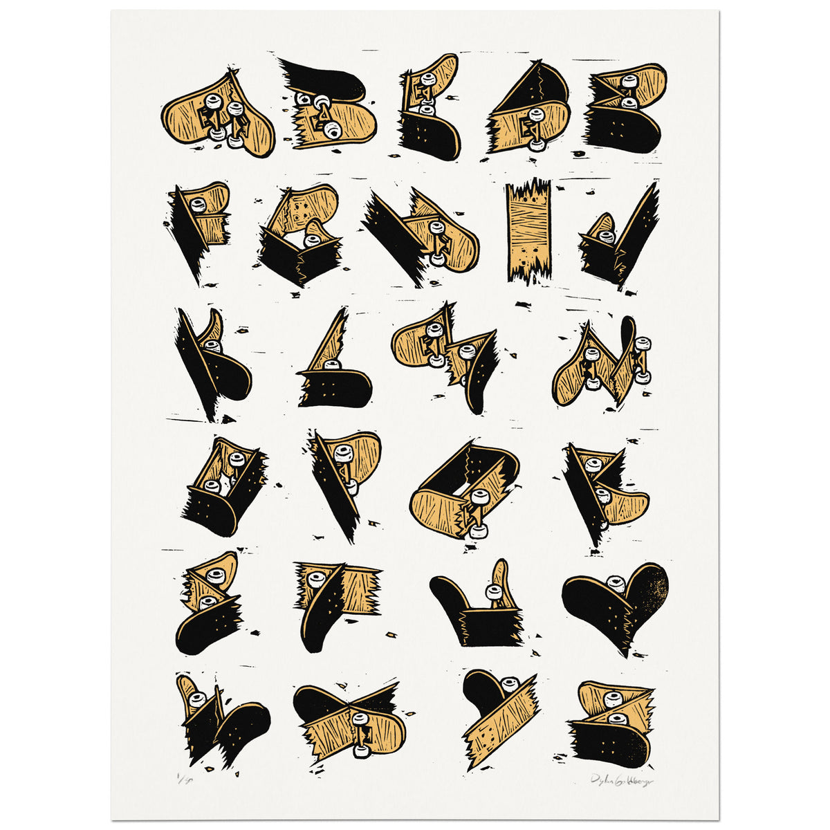 Full alphabet screen print in black and tan, with skateboard-inspired letters and deck details.