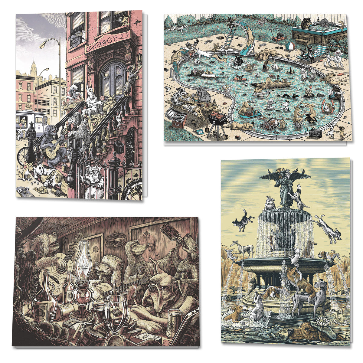 Dog Gone greeting card set with four illustrated scenes of dogs in city, pool, bar, and fountain settings