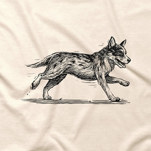 Close-up of the running Australian Cattle Dog illustration printed on the T-shirt