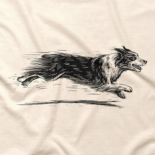 Close-up of the T-shirt's black running Australian Shepherd illustration