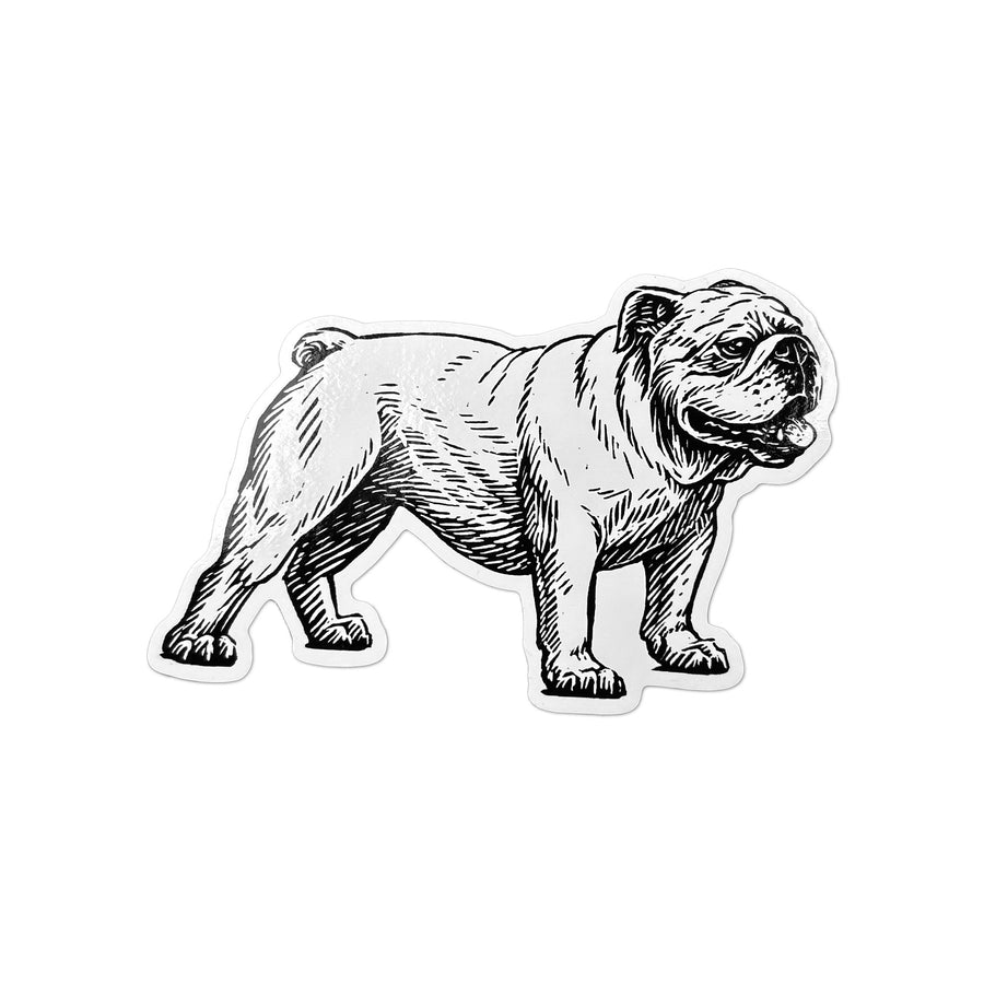 Bulldog vinyl sticker with a black-and-white illustration of a standing dog