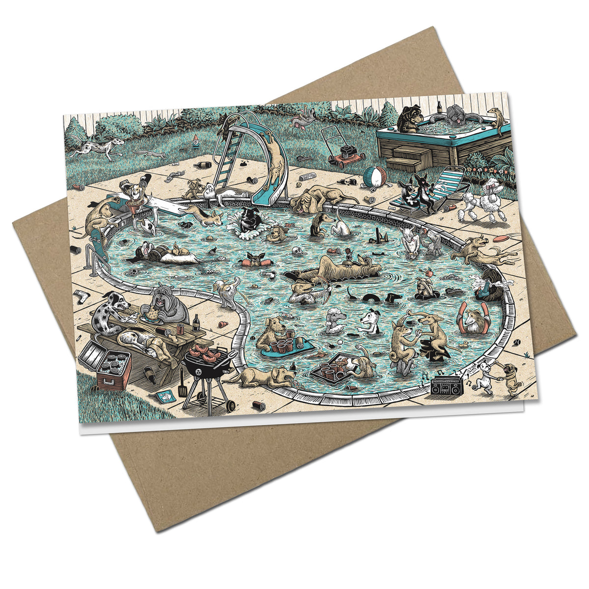 Dog Gone greeting card showing dogs swimming and lounging around a pool