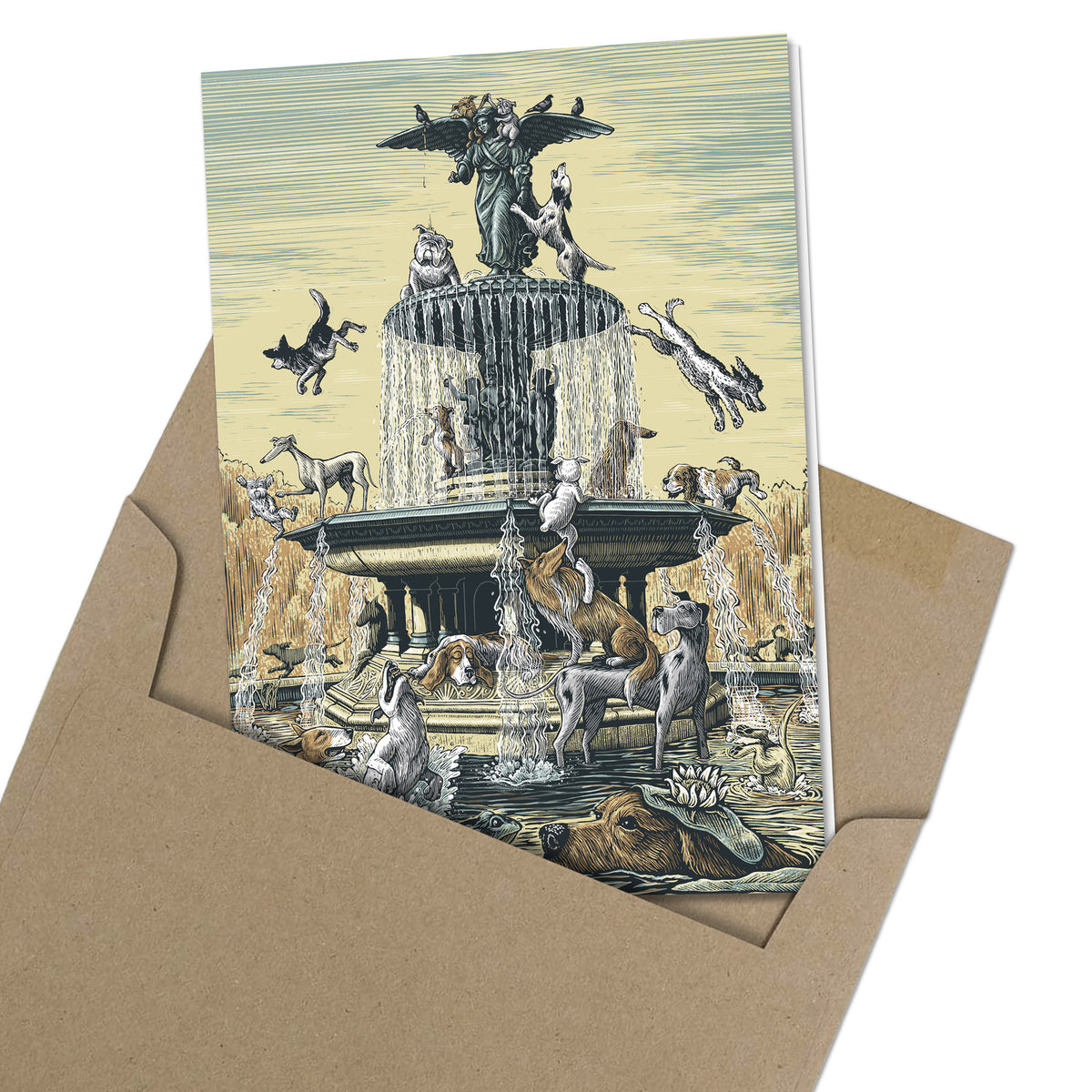 Dog Gone greeting card showing dogs playing around a large fountain