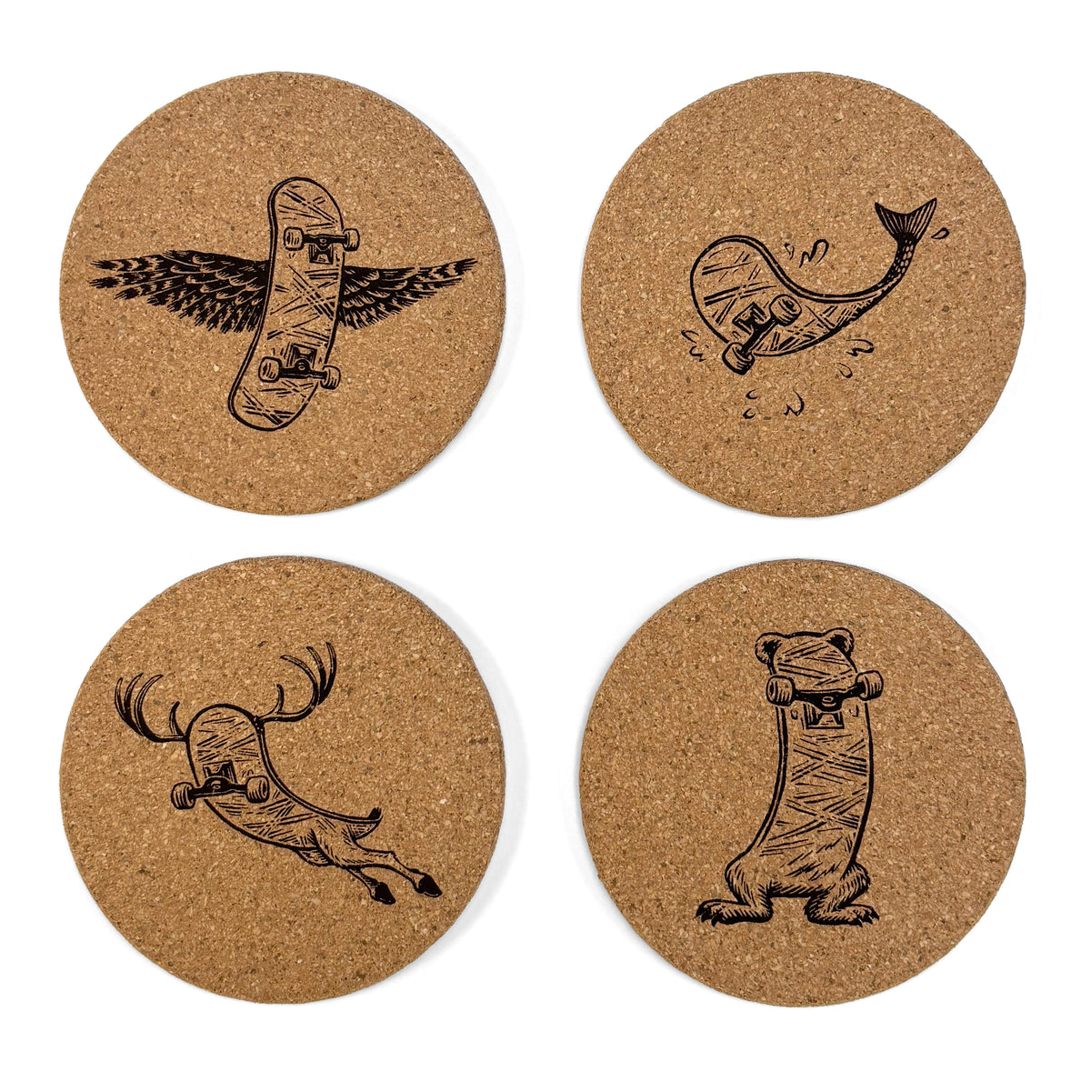 Four round cork coasters printed with skateboard, whale, deer, and bear illustrations