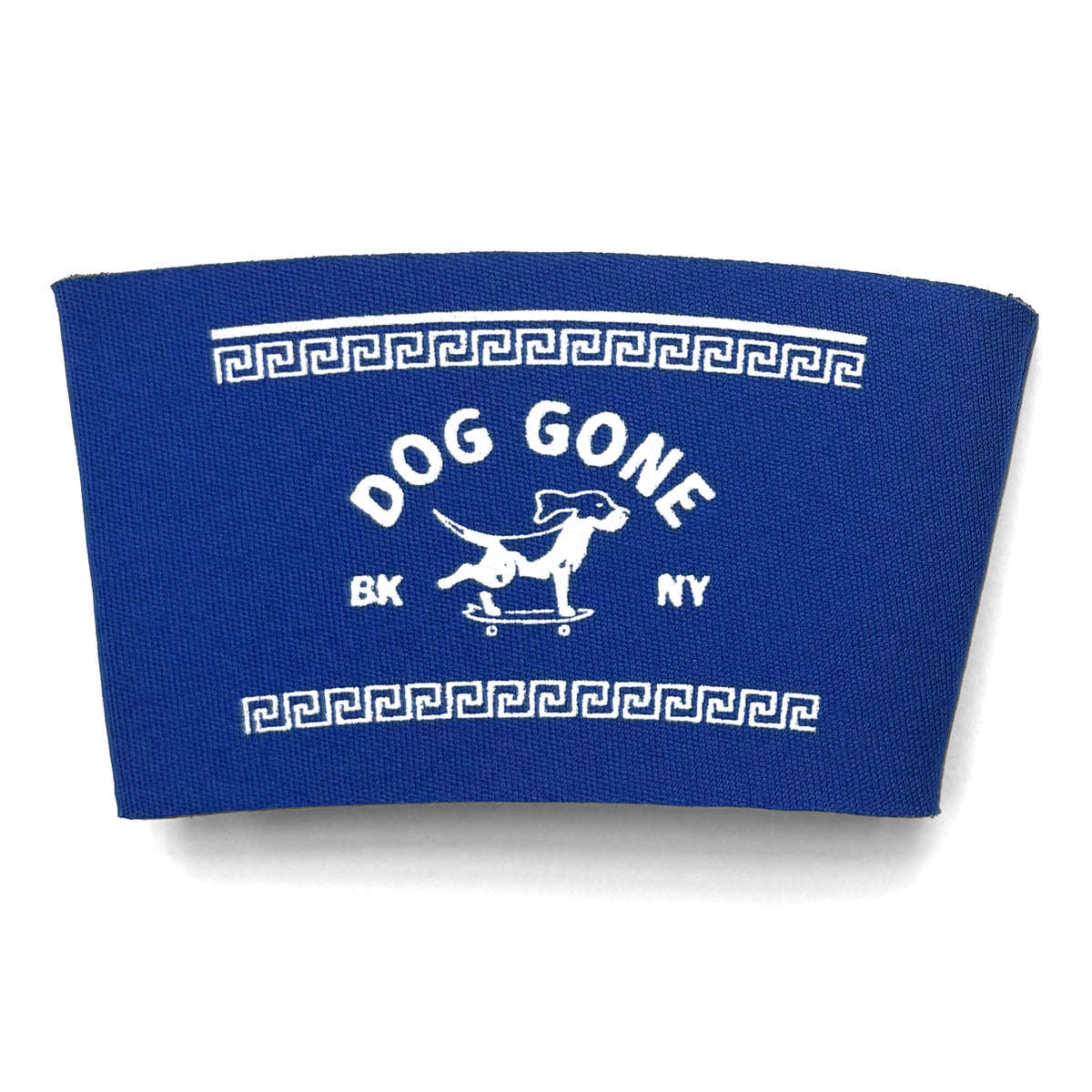 Blue reusable coffee cup sleeve with white skateboarding dog graphic and decorative borders