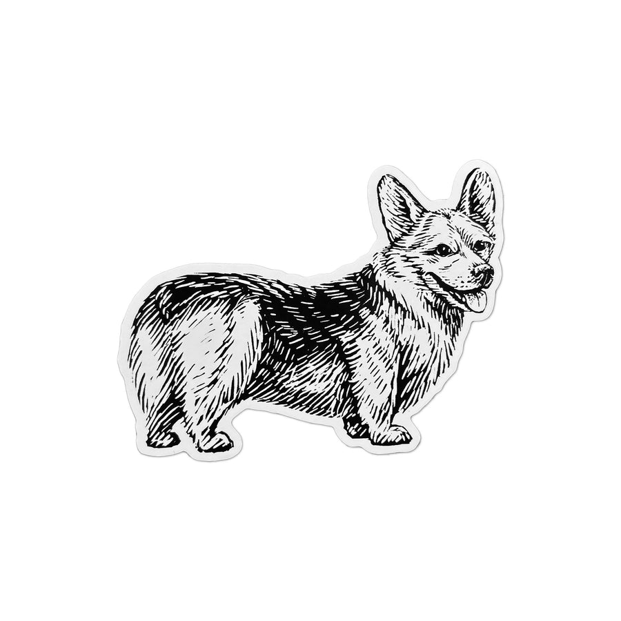 Corgi vinyl sticker with a detailed black and white standing dog illustration