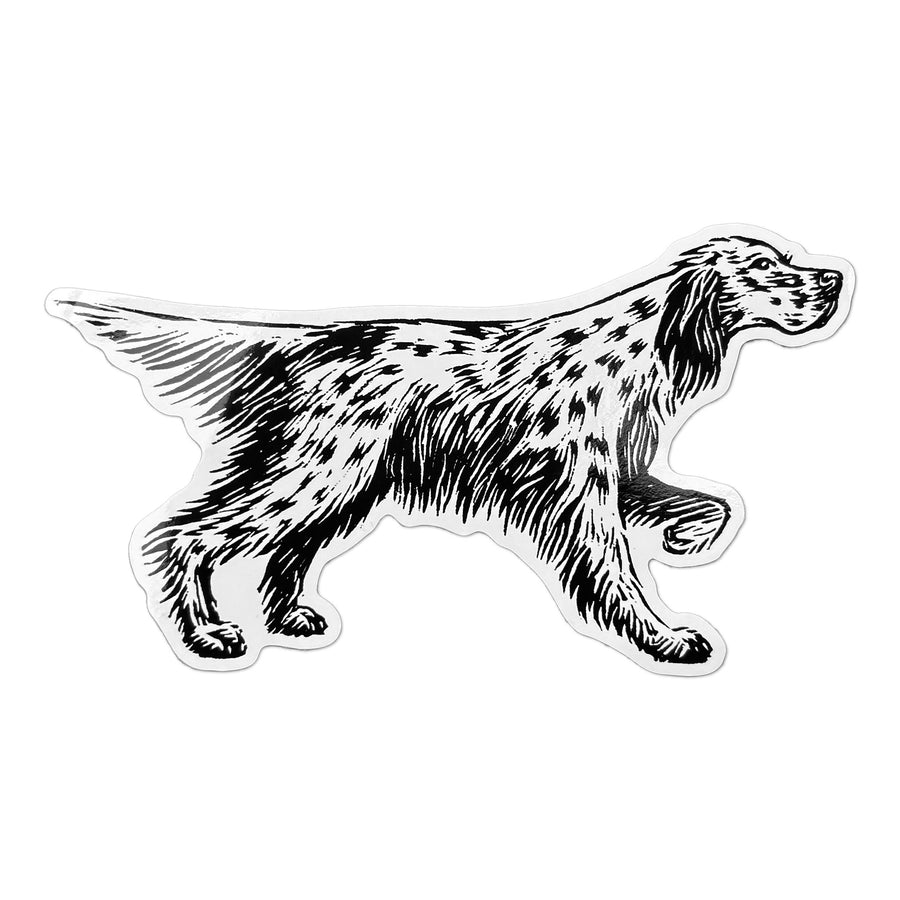 English Setter sticker with a black-and-white illustration of a standing dog
