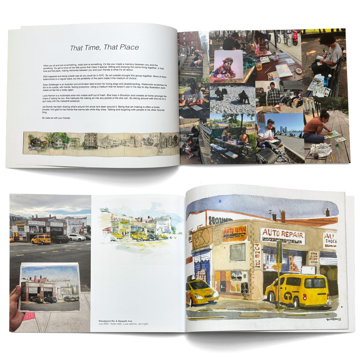 Open book with NYC watercolor scenes, artist photos, and a painted auto repair shop