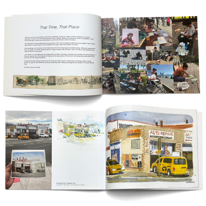 Open book with NYC watercolor scenes, artist photos, and a painted auto repair shop