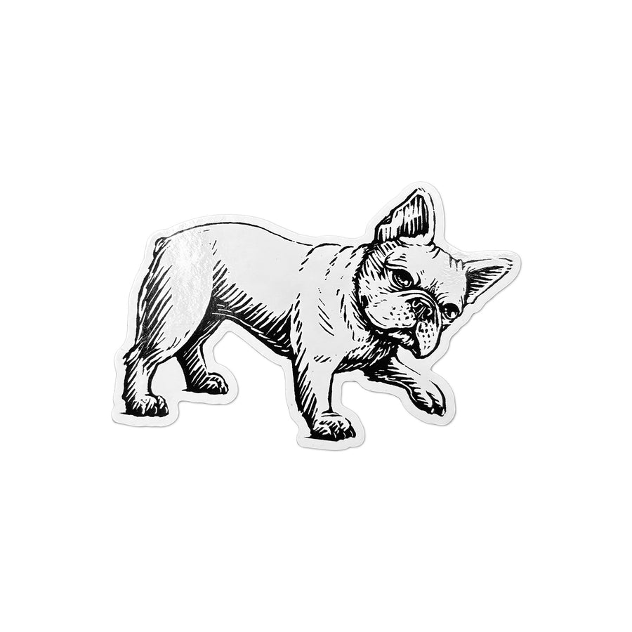 French Bulldog vinyl sticker with a black-and-white illustration of a walking dog