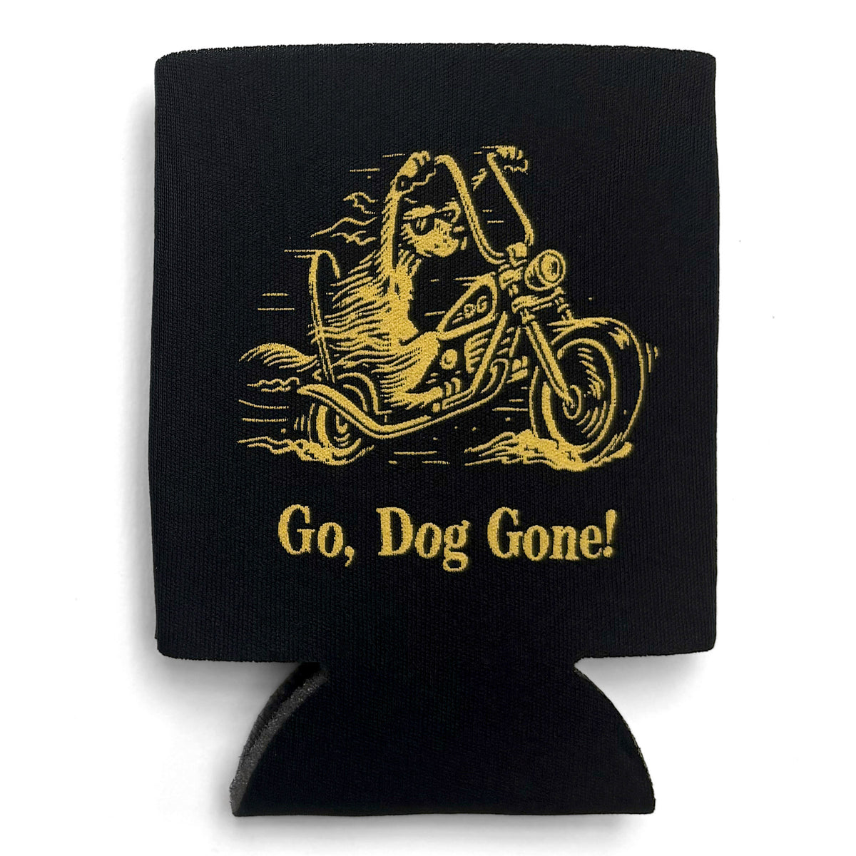 Black collapsible drink koozie with a gold dog-on-motorcycle graphic and lettering.