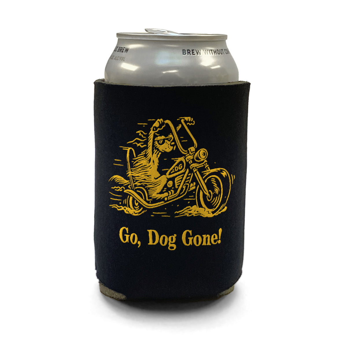 Black drink koozie fitted around a can, with a gold dog-on-motorcycle graphic and lettering.