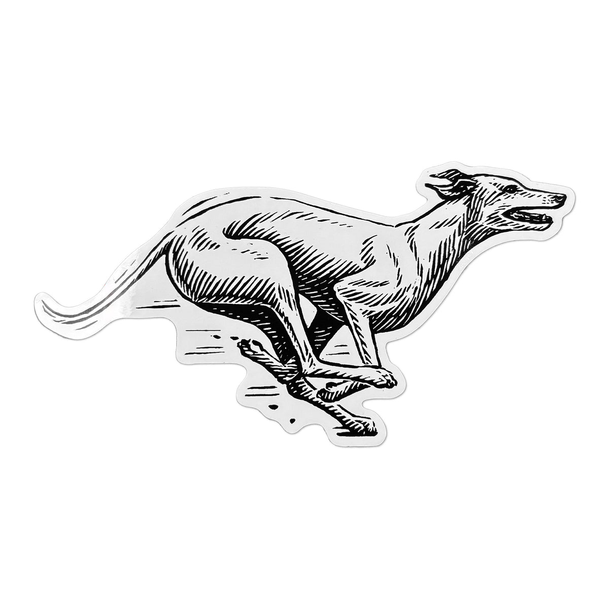 Greyhound sticker with a black-and-white illustration of a running dog