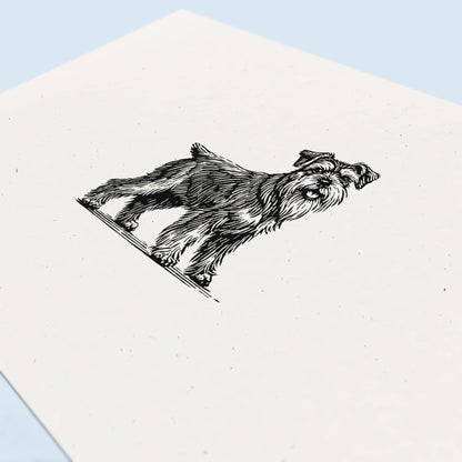 Schnauzer art print with a black ink illustration of a dog’s head and shoulders