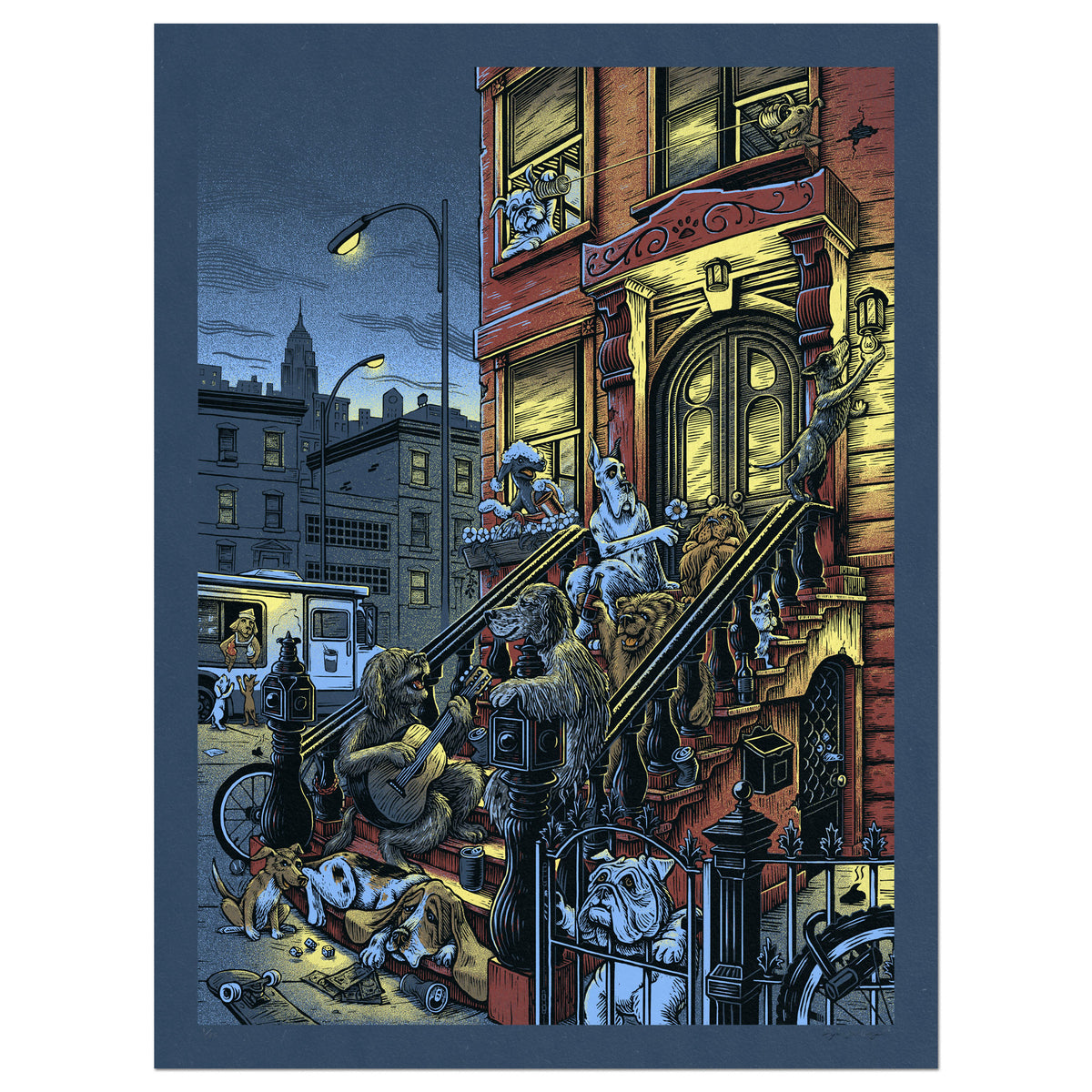 Nighttime screen print of dogs gathered on a city stoop
