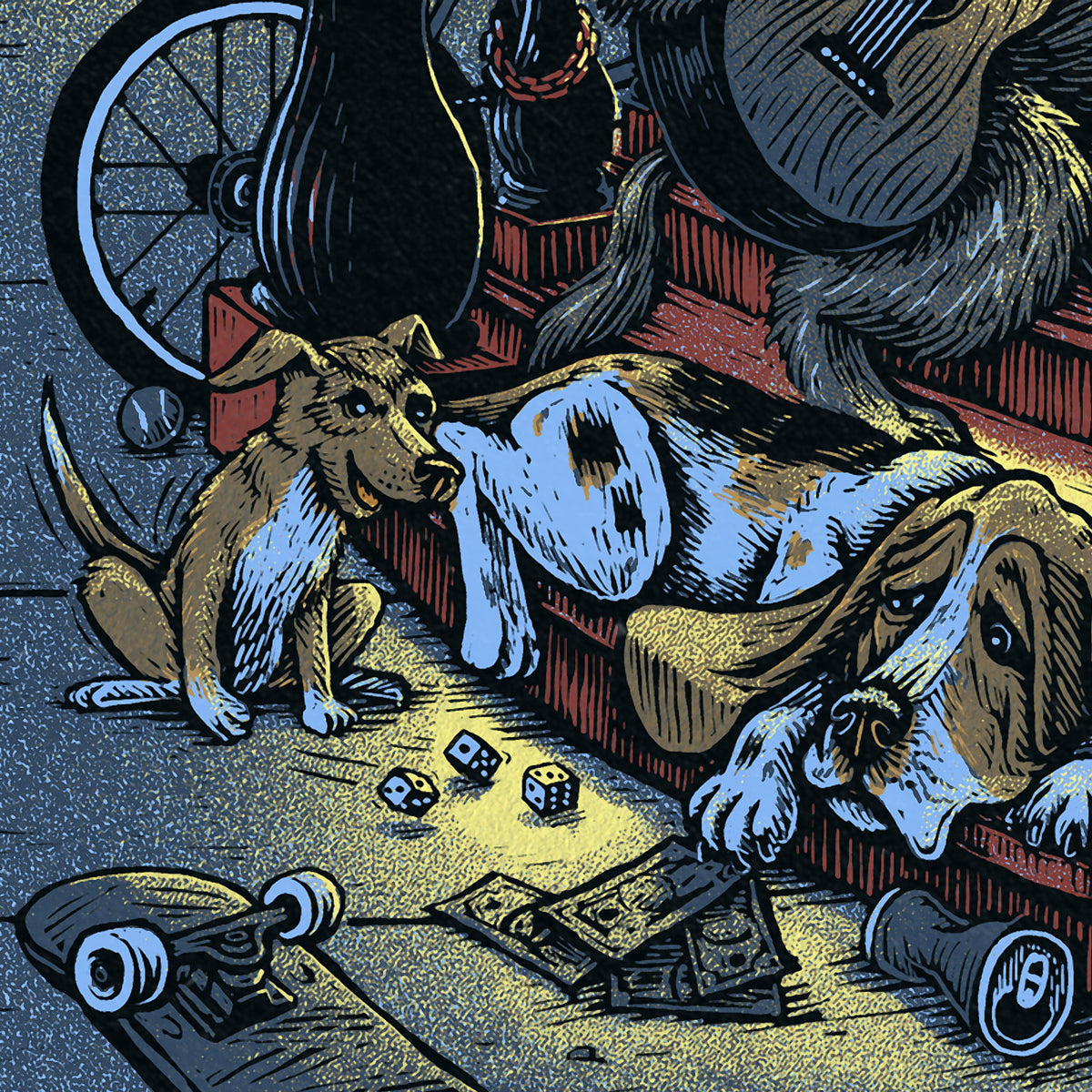Screen print detail of dogs resting beside dice and scattered bills