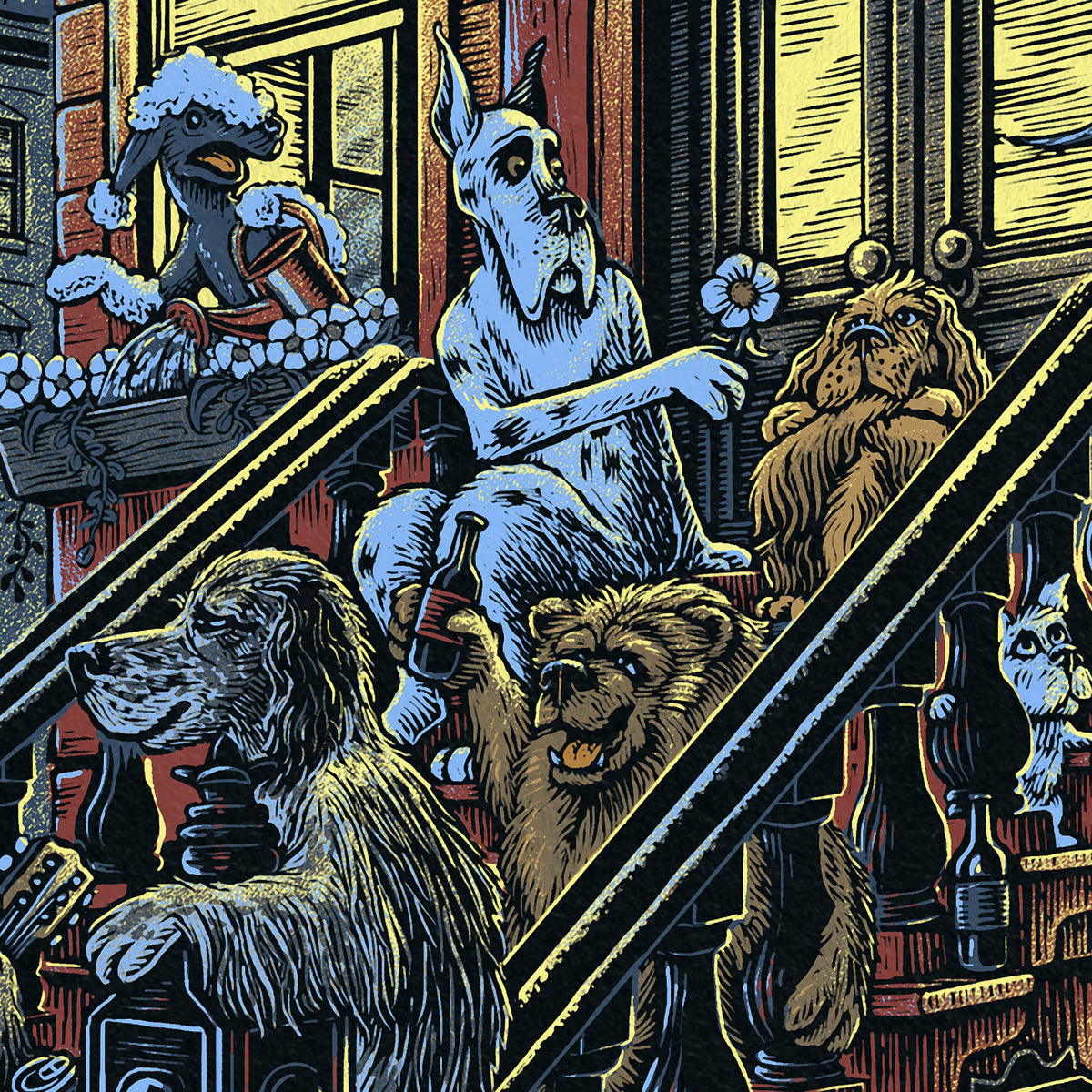 Screen print detail of dogs gathered on stoop steps