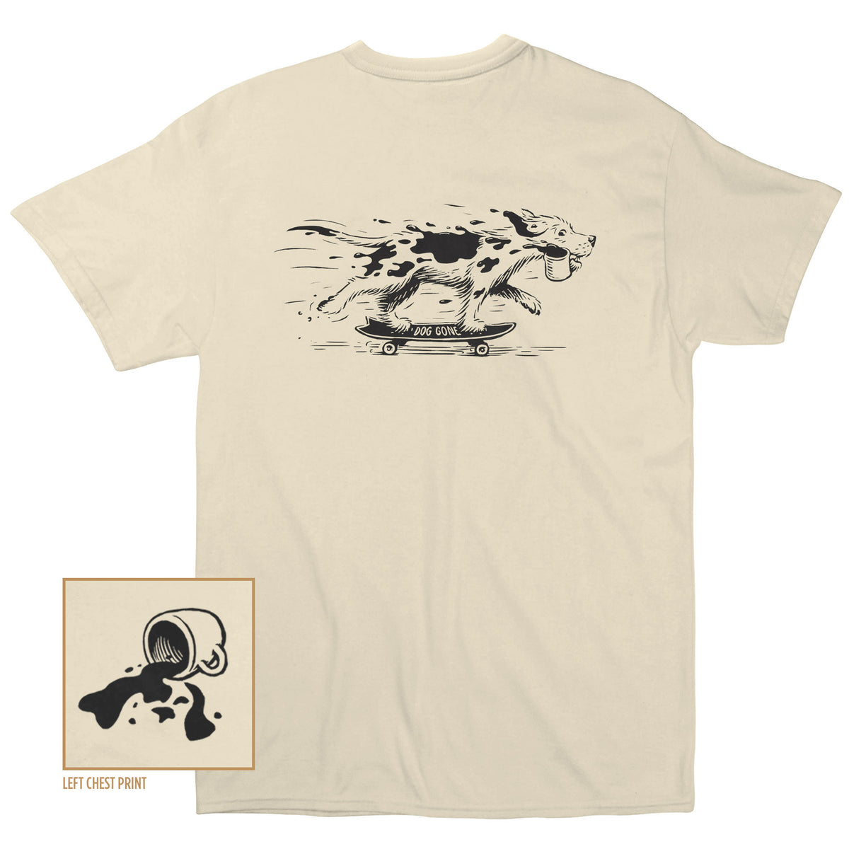Cream T-shirt with a running dog on a skateboard and a small coffee spill chest print