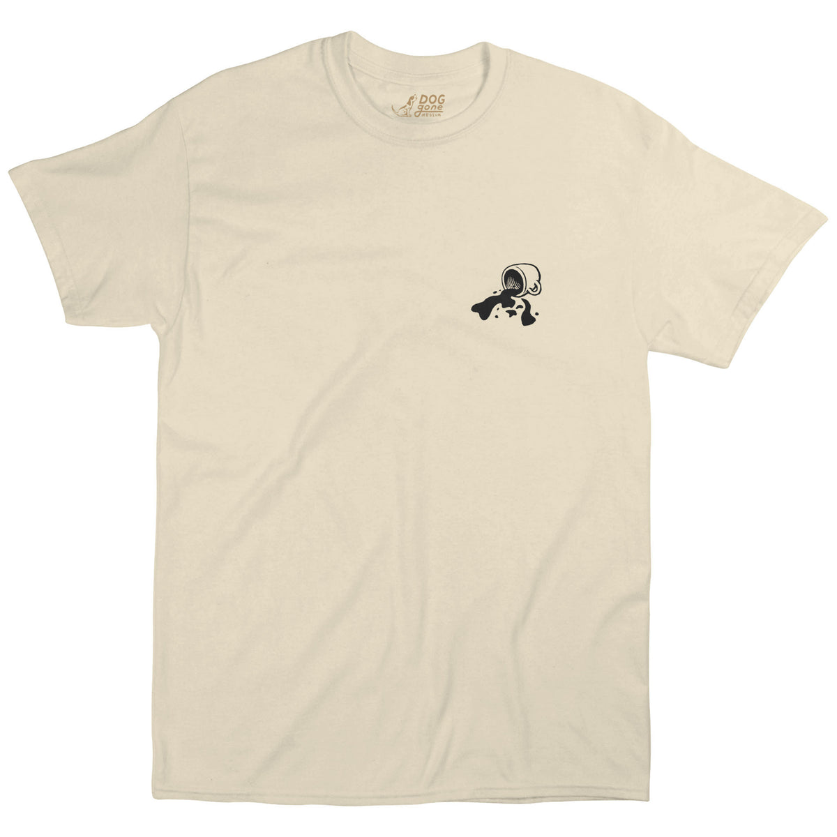 Front of a cream T-shirt with a small spilled coffee graphic on the chest