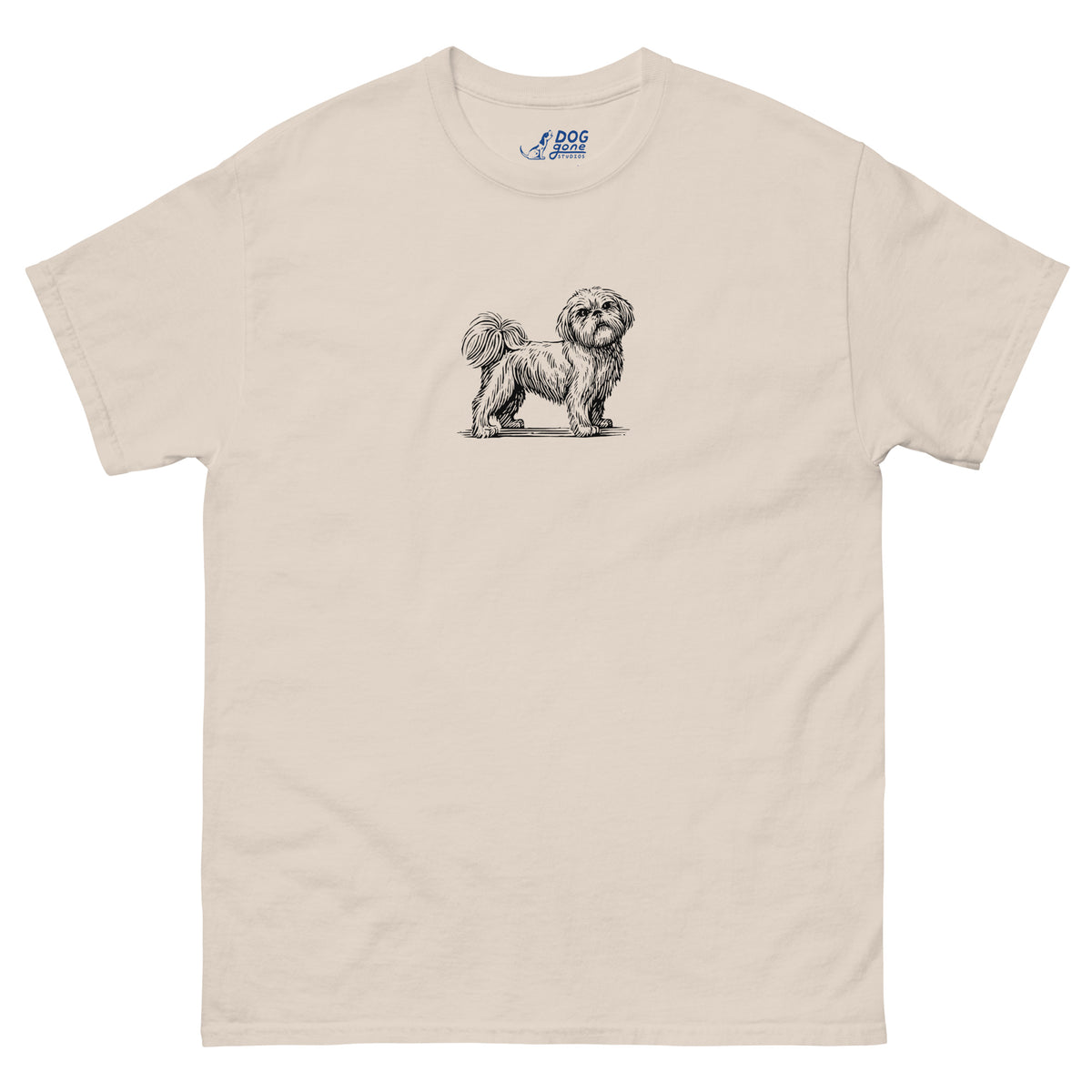 Natural-colored Shih Tzu T-shirt with a small black dog illustration on the chest