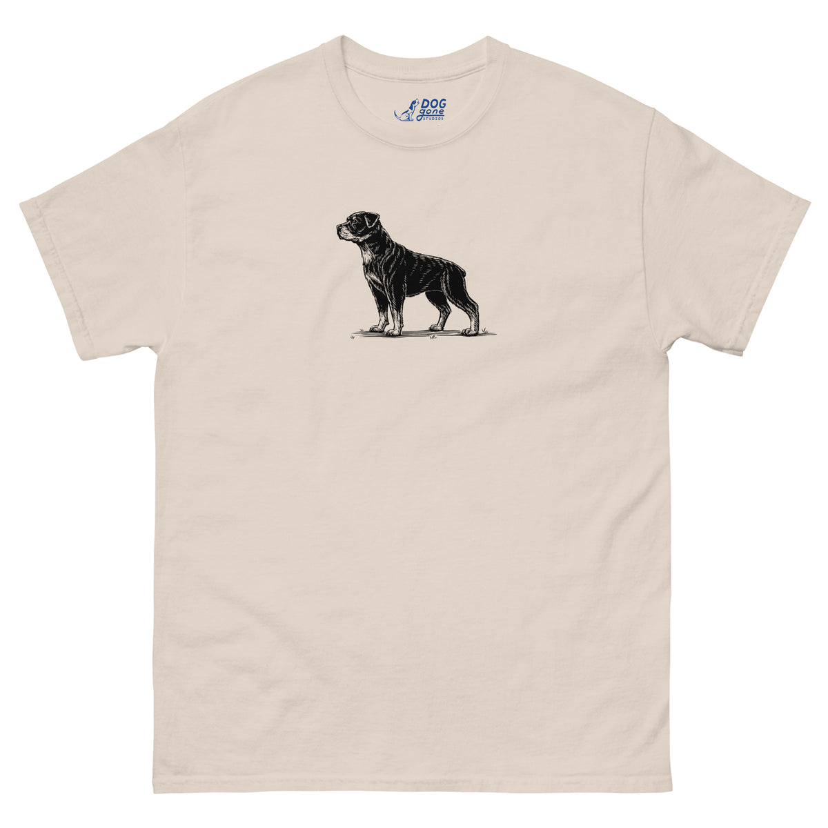 Natural Rottweiler T-shirt with a small black dog illustration on the chest
