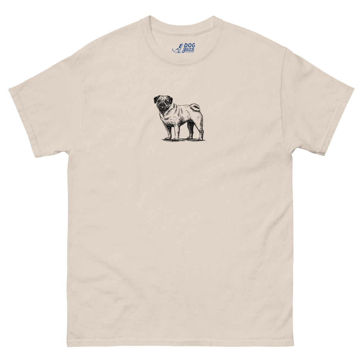 Natural Pug T-shirt with a small black pug illustration on the chest