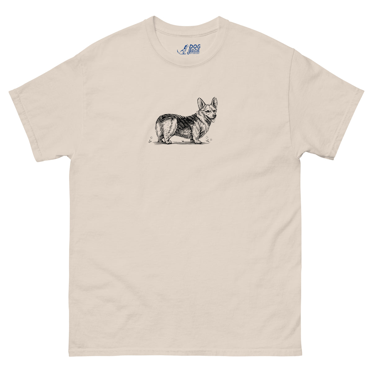 Natural-colored Pembroke Welsh Corgi T-shirt with a small black dog illustration on the chest