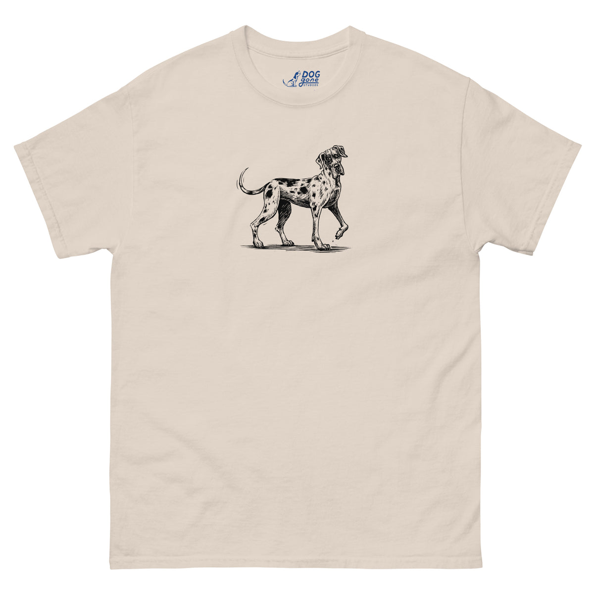Natural Great Dane T-shirt with a small black dog illustration on the chest