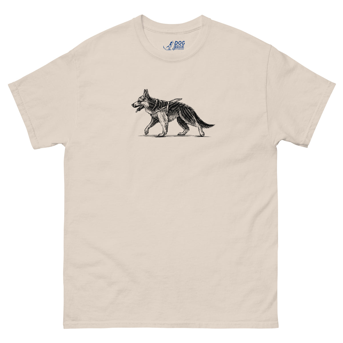Natural-colored German Shepherd T-shirt with a small black walking dog illustration