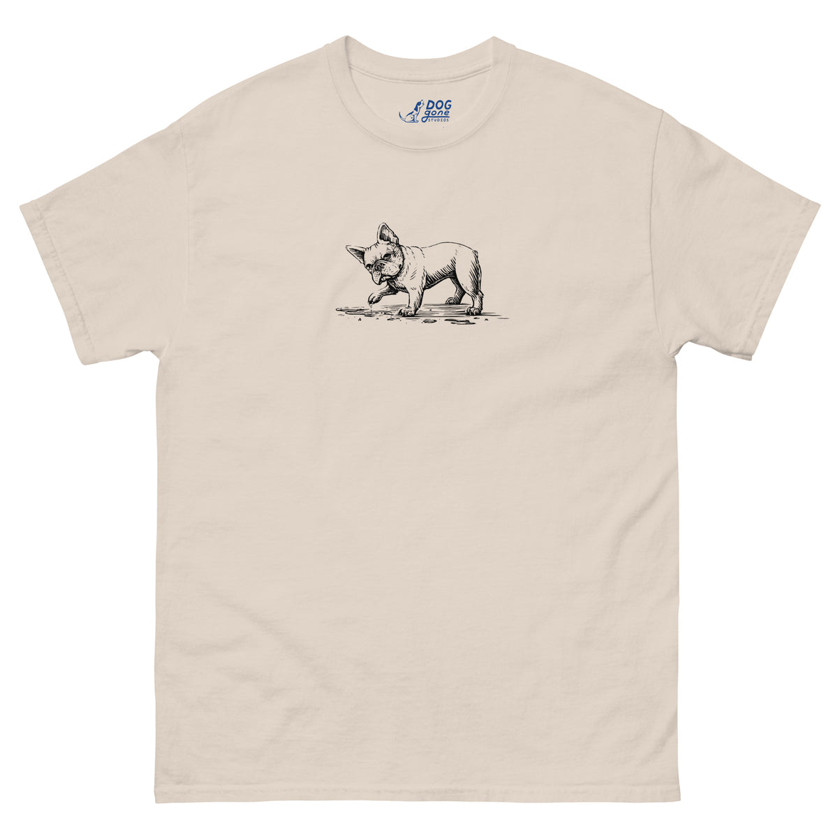 Natural-colored T-shirt with a small black French bulldog illustration on the chest