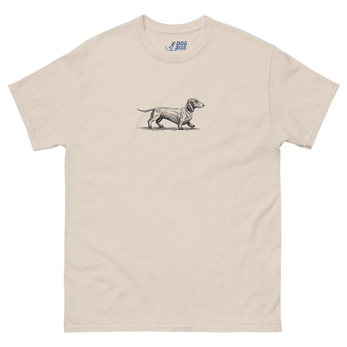 Natural-colored Dachshund T-shirt with a small black dog illustration on the chest