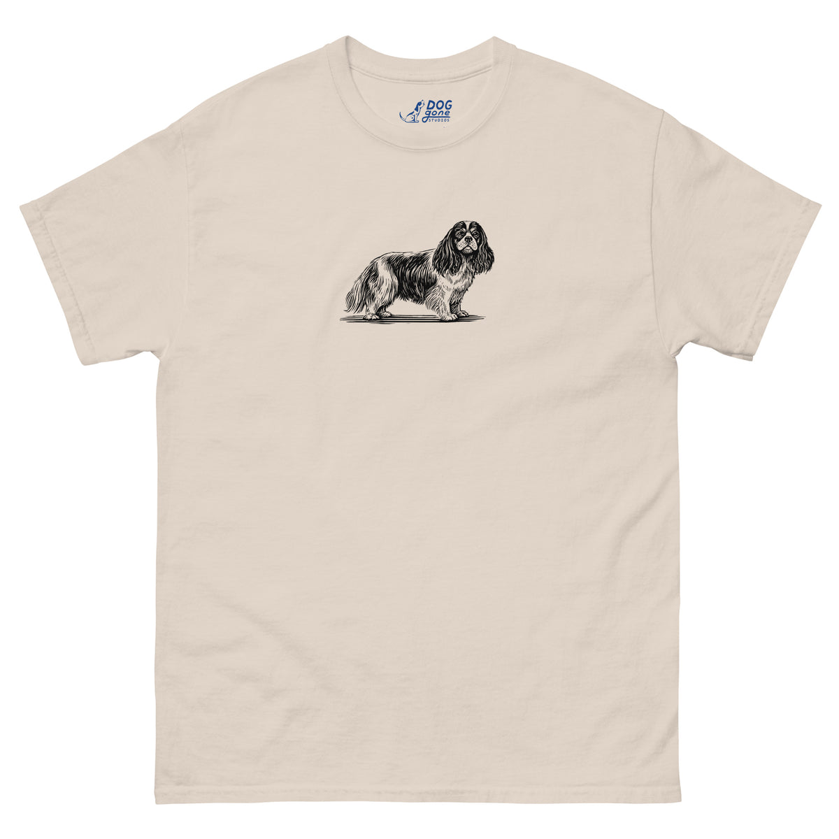Natural T-shirt with a small black Cavalier King Charles Spaniel illustration on the chest