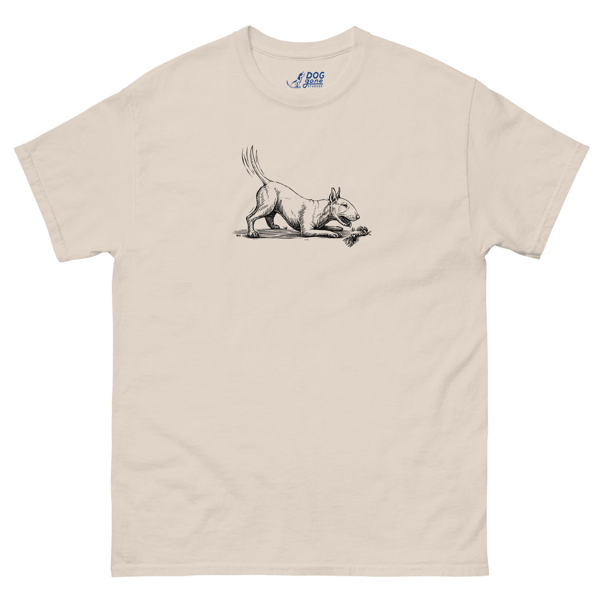 Natural Bull Terrier T-shirt with a small sketch of a dog crouching to play.