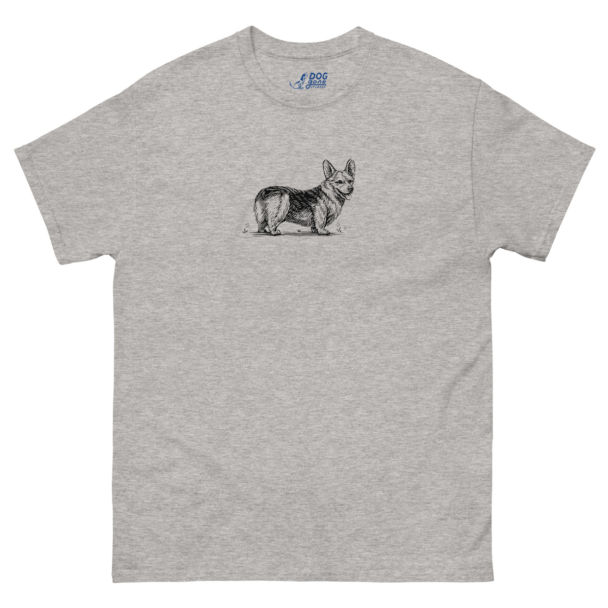 Sport grey Pembroke Welsh Corgi T-shirt with a small black dog illustration on the chest