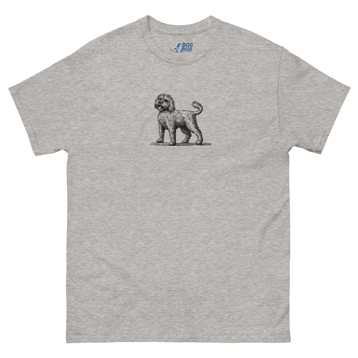 Sport grey Labradoodle T-shirt with a small dog illustration on the chest