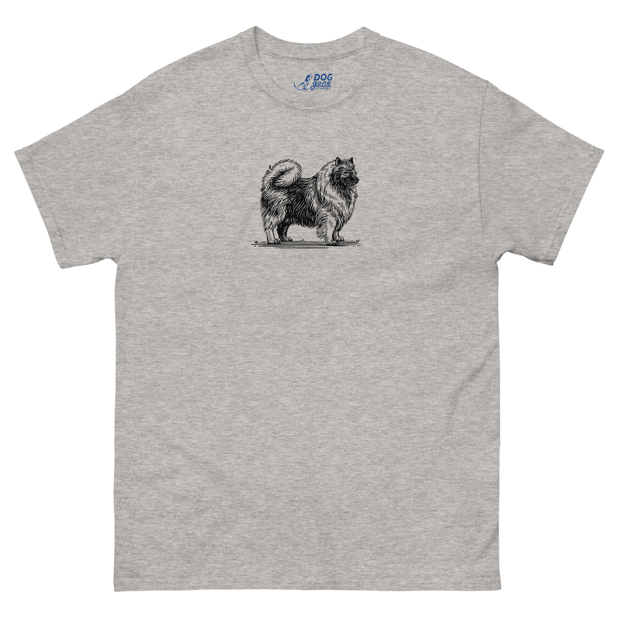 Sport grey Keeshond T-shirt with a small black dog illustration on the chest