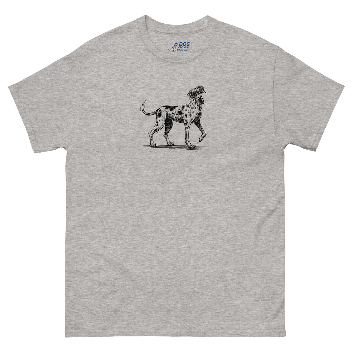 Sport gray Great Dane T-shirt with a small black dog illustration on the chest