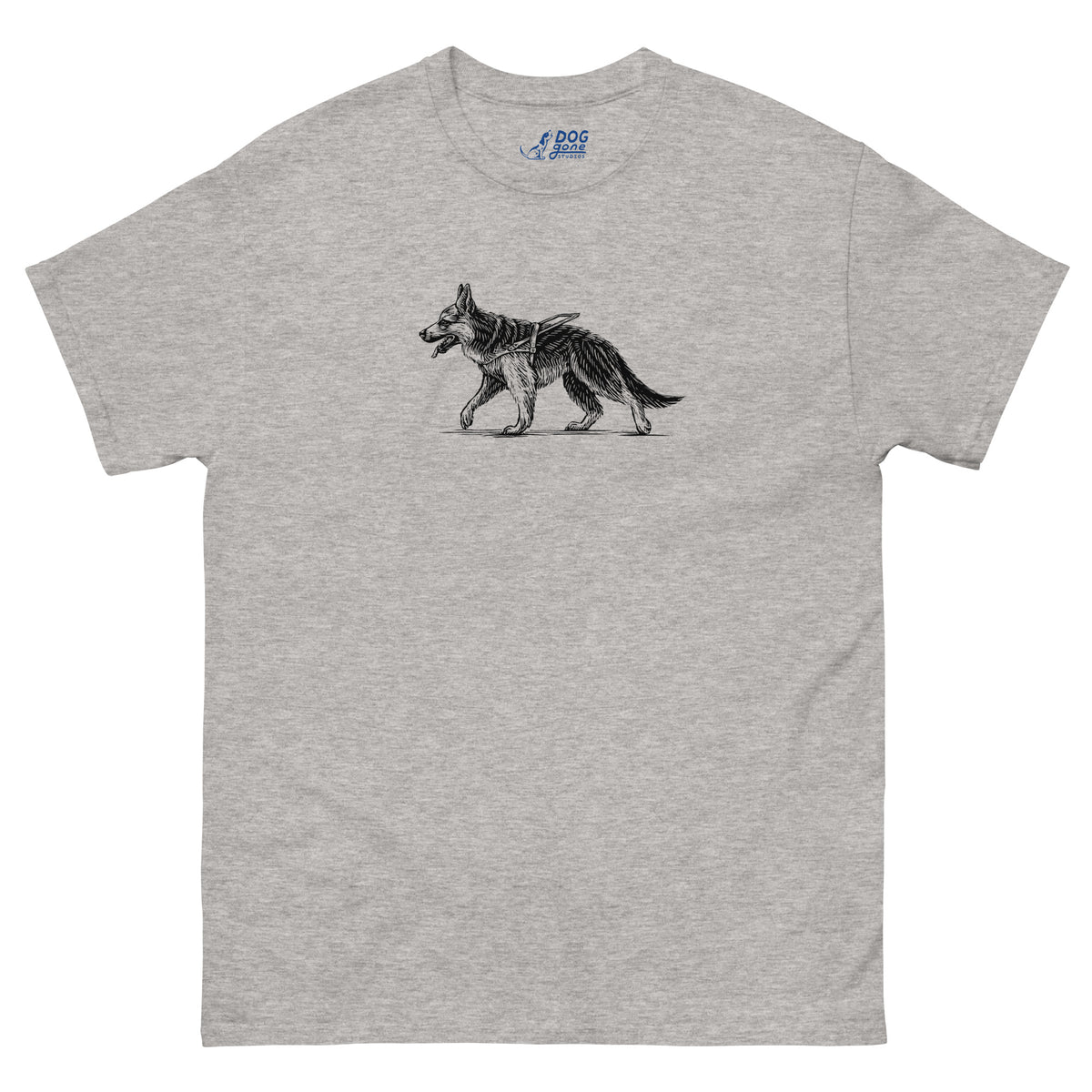 Sport grey German Shepherd T-shirt with a small black walking dog illustration