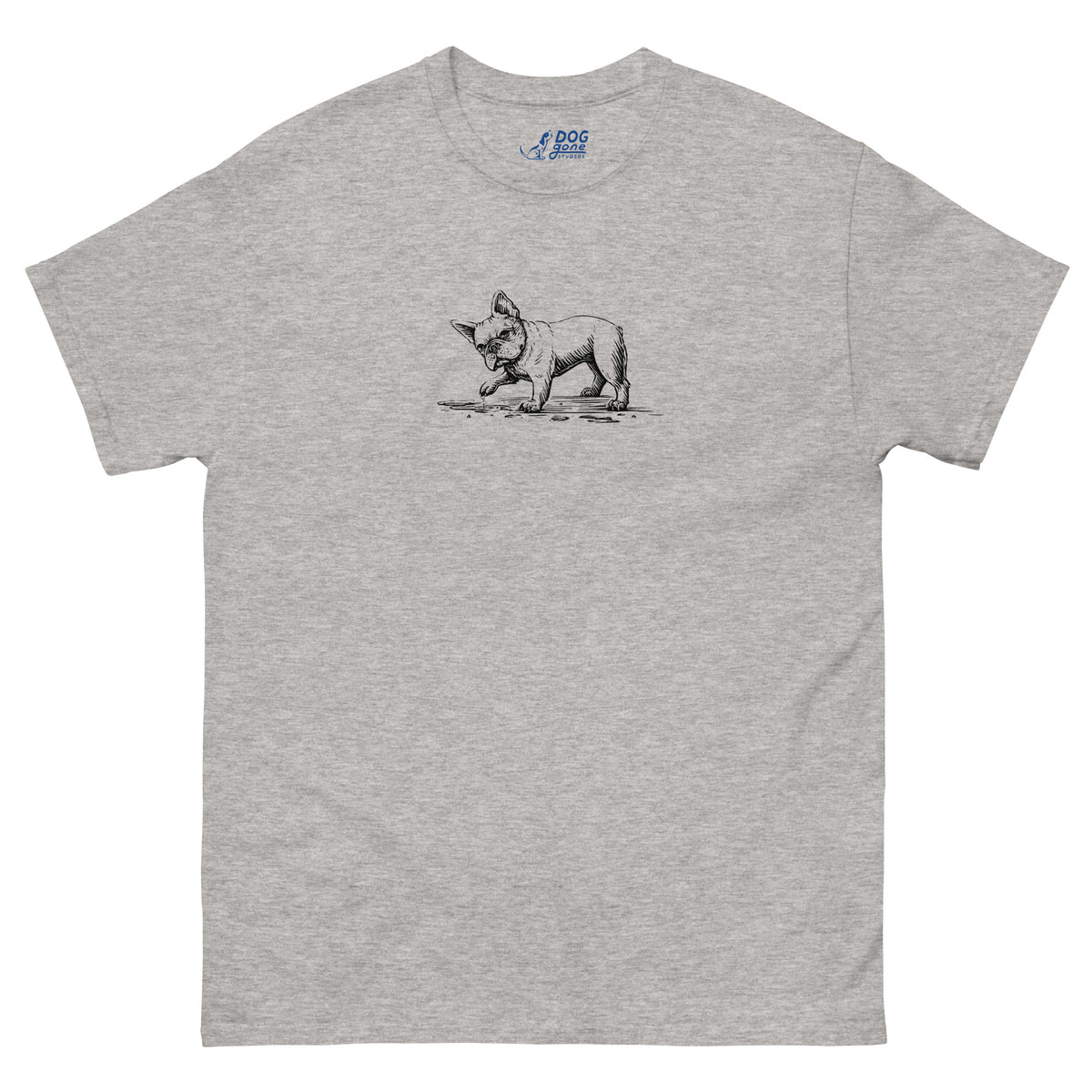 Sport gray T-shirt featuring a small black French bulldog illustration on the chest