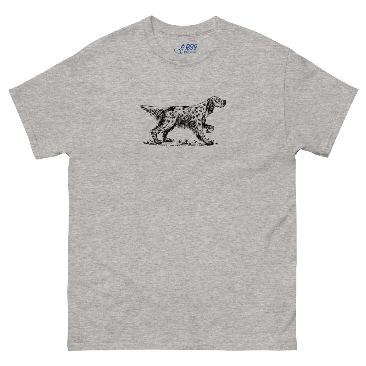 Sport grey English Setter T-shirt with a black pointing dog illustration