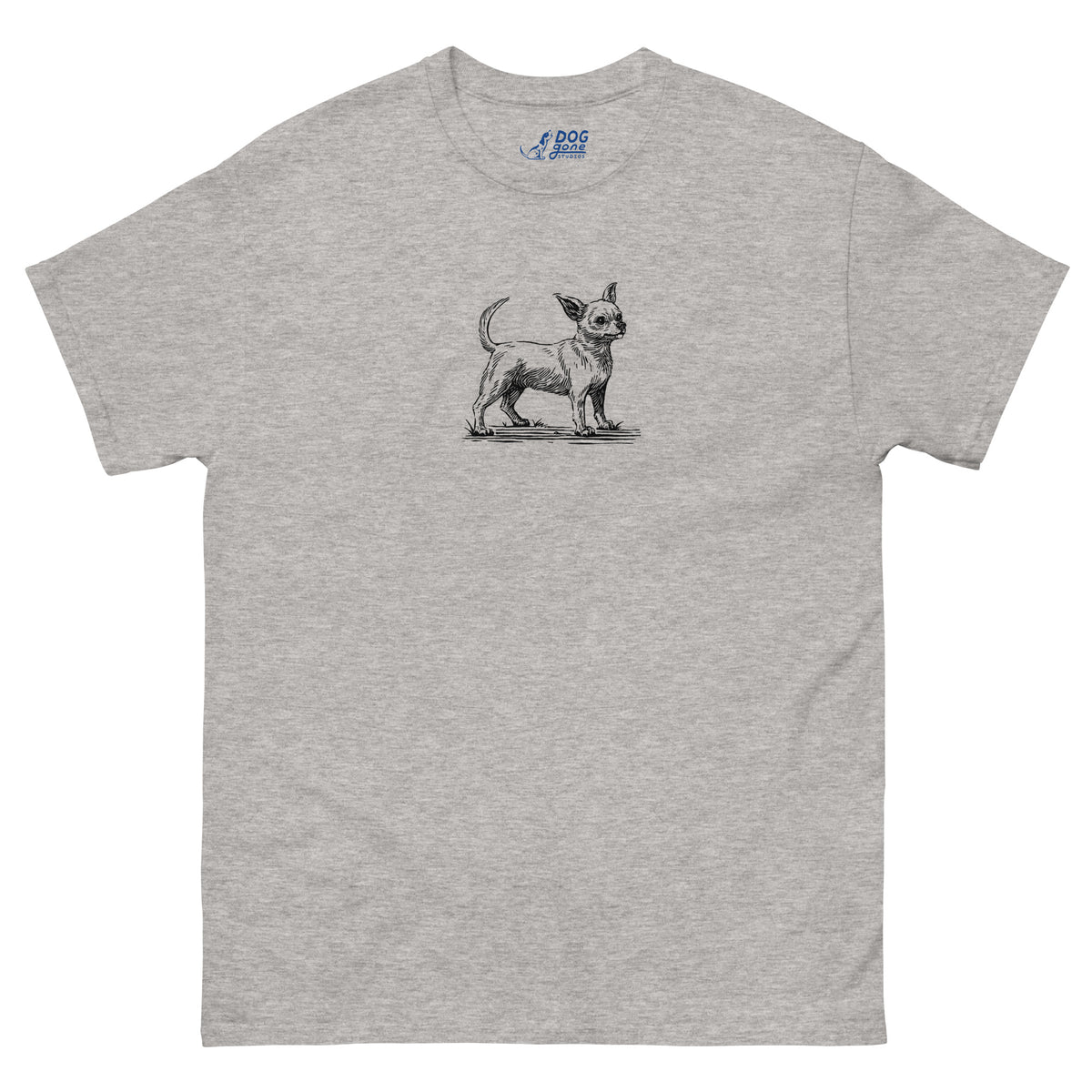 Sport grey Chihuahua T-shirt with a small black dog illustration on the chest