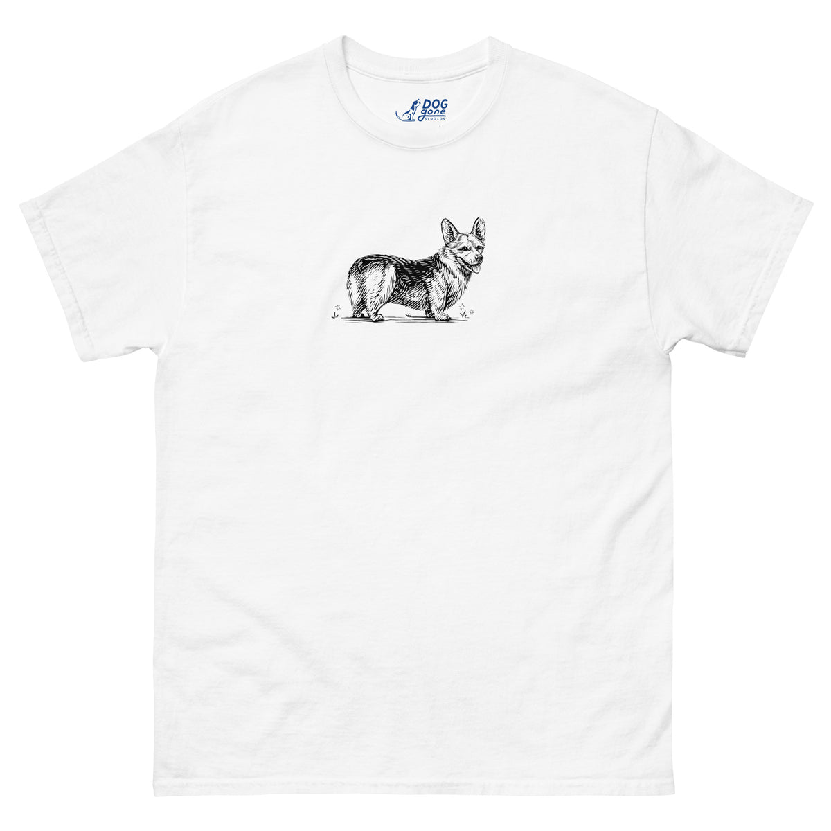 White Pembroke Welsh Corgi T-shirt with a small black dog illustration on the chest