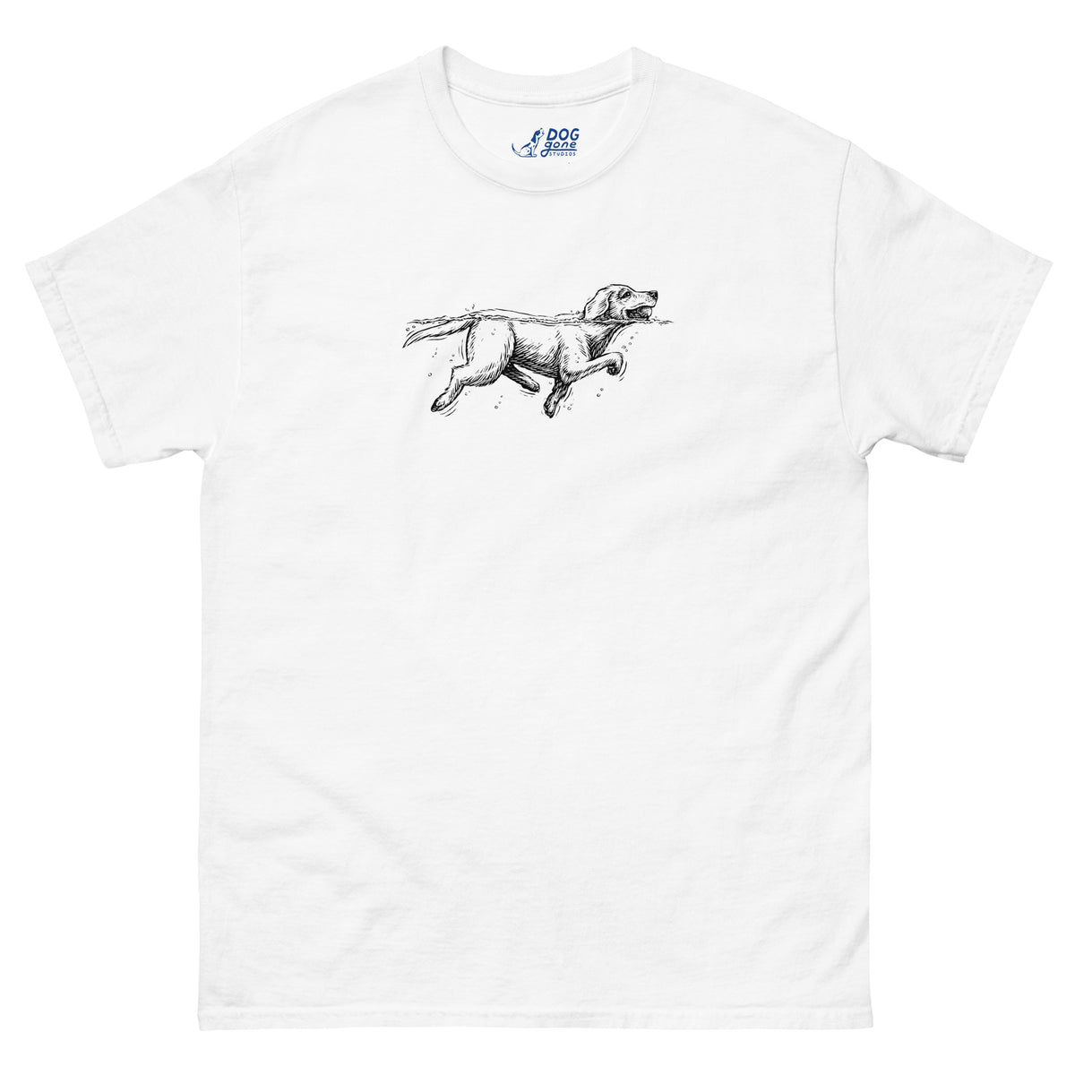 White Labrador Retriever T-shirt with a small running dog sketch on the chest