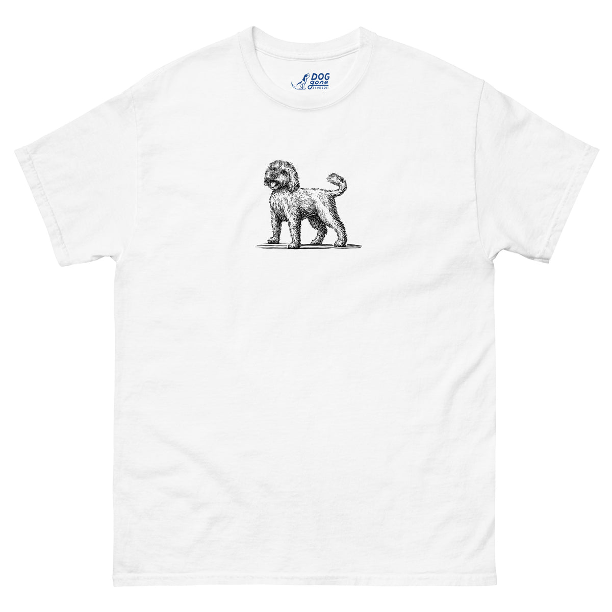 White Labradoodle T-shirt with a small dog illustration on the chest